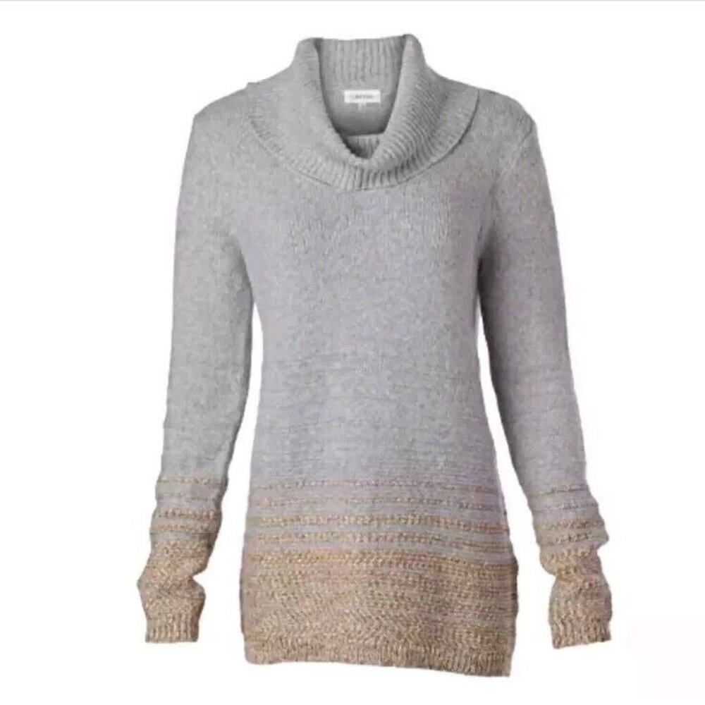 CALVIN‎ KLEIN Tunic Sweater Cowl Neck Oversized Gray Gold Lurex Gradient Women M